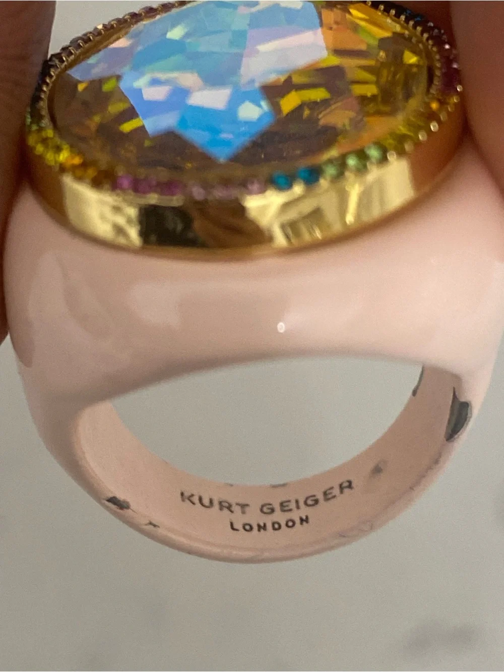 Kurt Geiger Oval Stone Cocktail Ring Pink Enamel Rainbow Halo Iridescent Stone 9